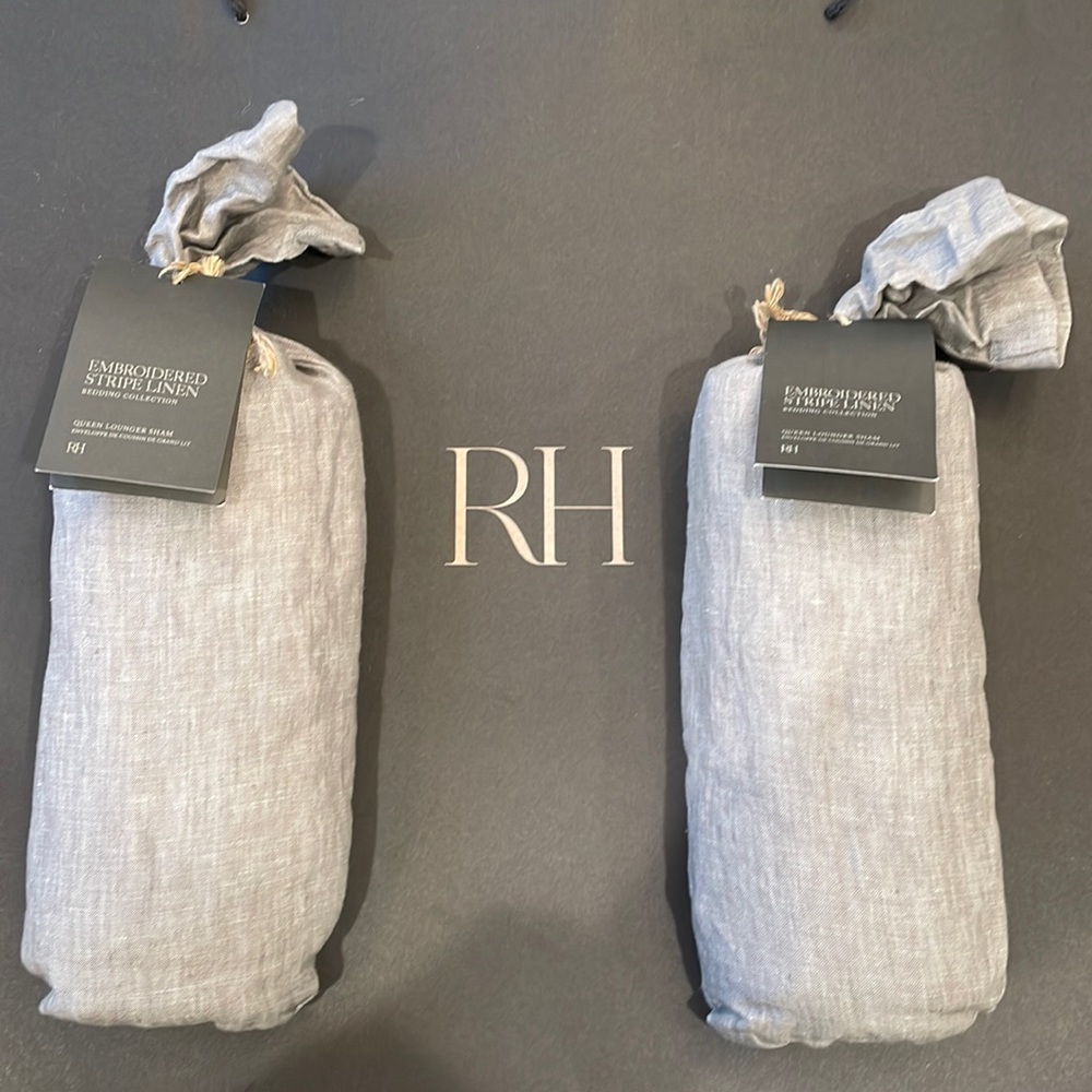 Set of Two Restoration Hardware Embroidered Stripe Linen Queen Lounger Shams